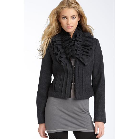 HINGE Grey Wool Blend Ruffle Collar Blazer Jacket // S - Picture 1 of 11